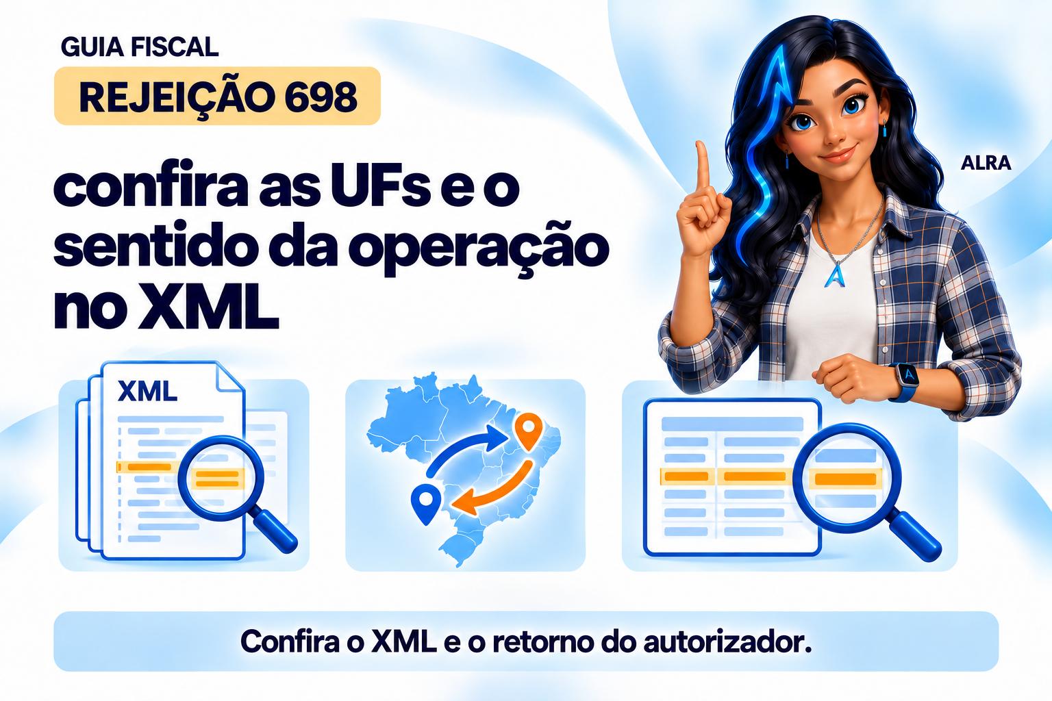 Capa ilustrada da ALRA: Rejeição 698: confira as UFs e o sentido da operação no XML.