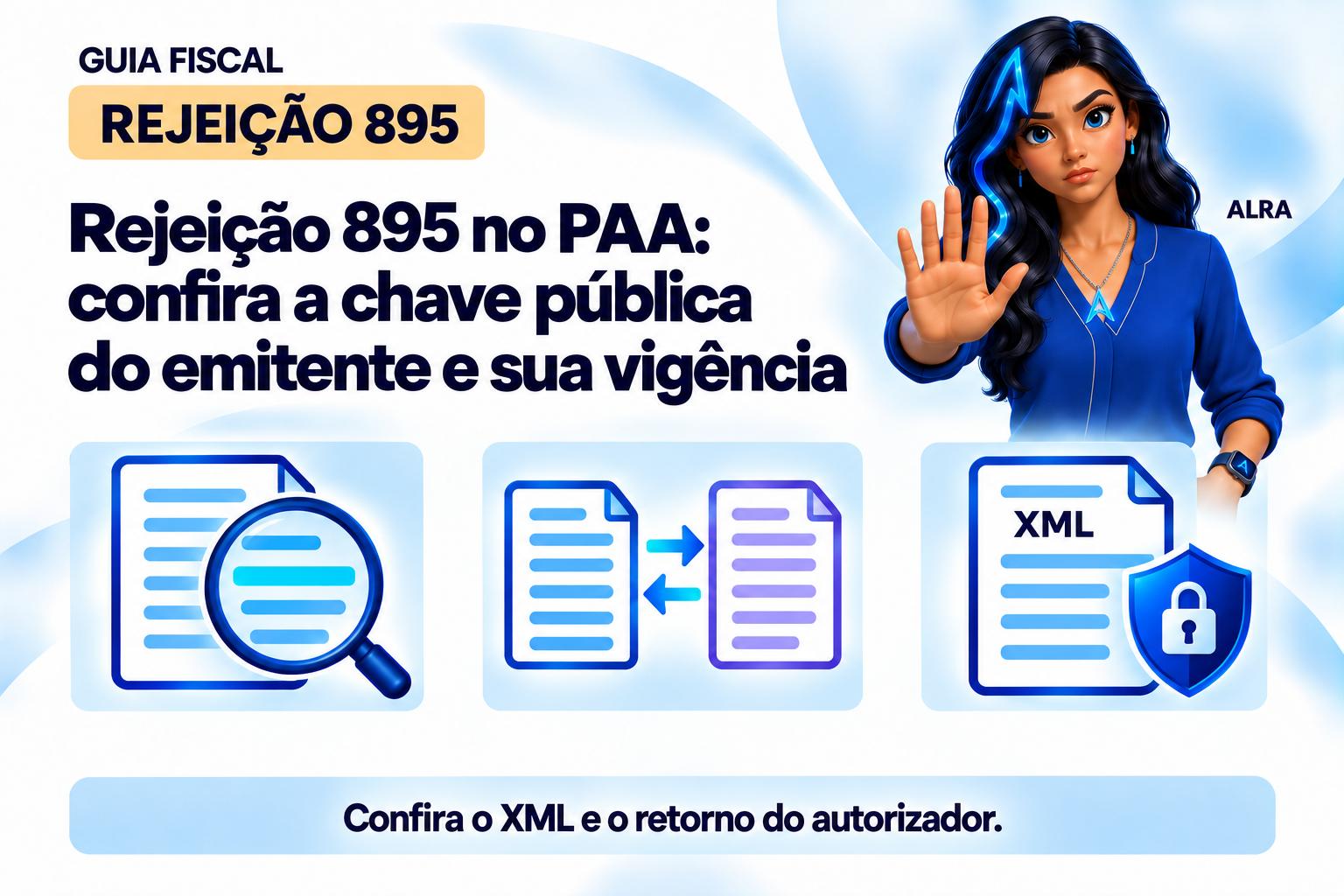 Capa ilustrada da ALRA: Rejeição 895 no PAA: confira a chave pública do emitente e sua vigência.