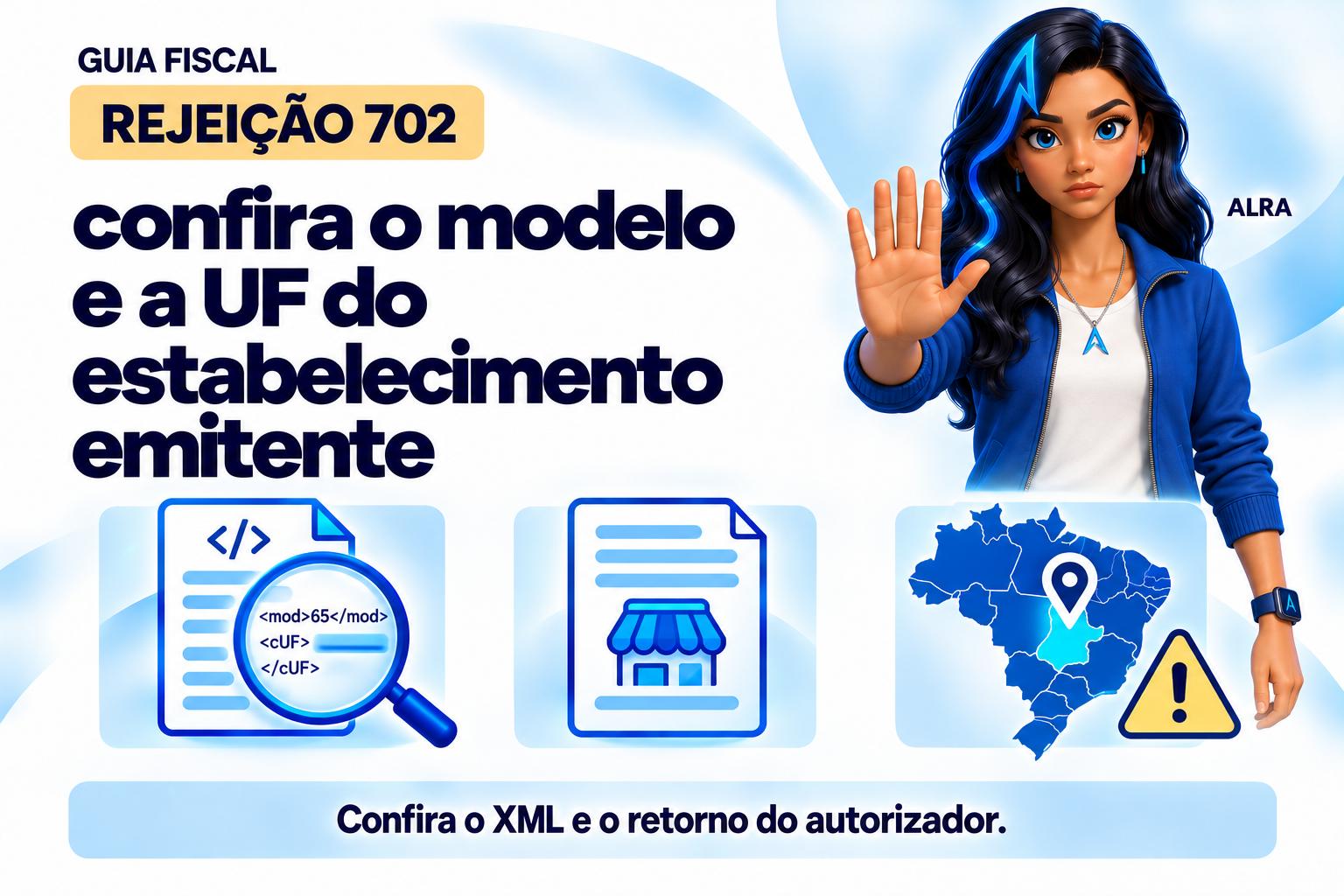 Capa ilustrada da ALRA: Rejeição 702: confira o modelo e a UF do estabelecimento emitente.