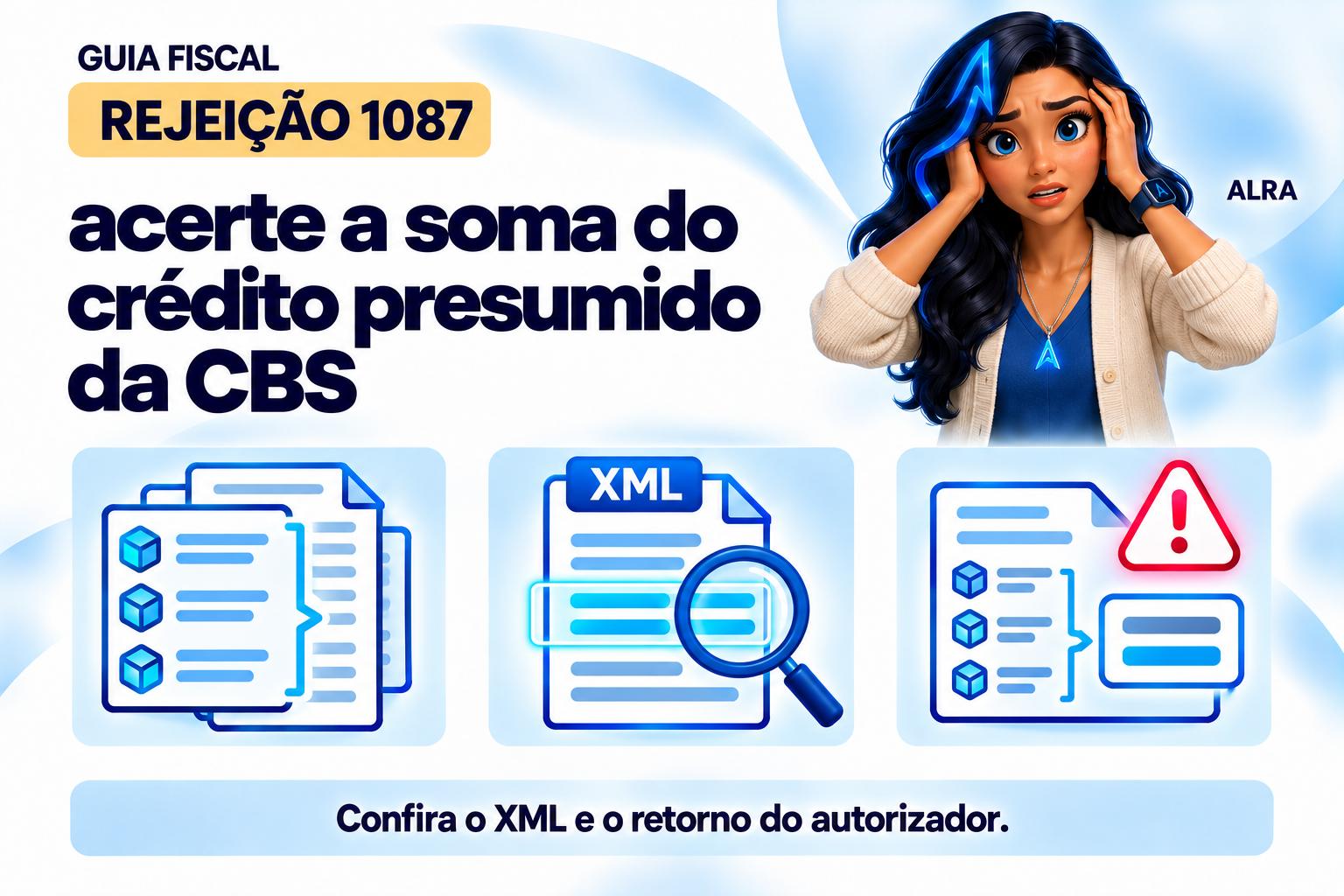Capa ilustrada da ALRA: Rejeição 1087: acerte a soma do crédito presumido da CBS.