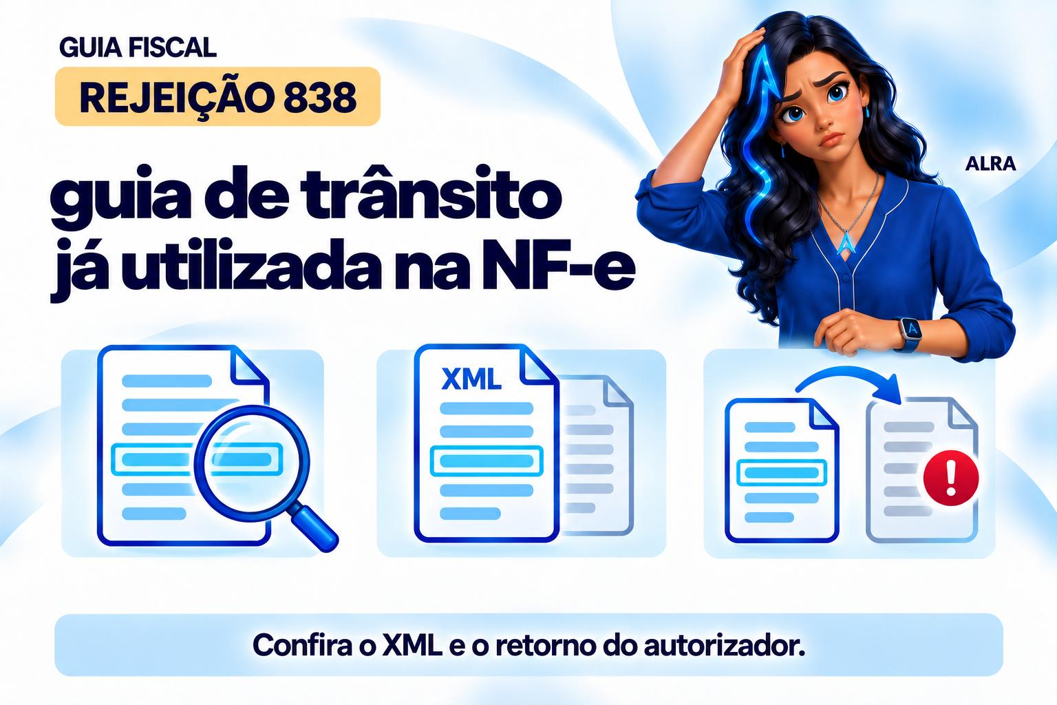 Capa ilustrada da ALRA: Rejeição 838: guia de trânsito já utilizada na NF-e.