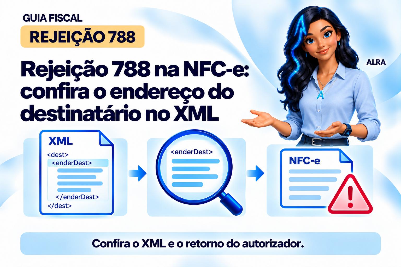 Capa ilustrada da ALRA: Rejeição 788 na NFC-e: confira o endereço do destinatário no XML.