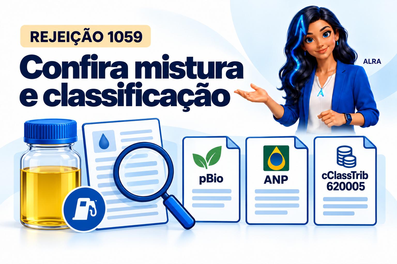 Capa ilustrada da ALRA: Rejeição 1059: confira a mistura de etanol e a classificação 620005 na NF-e.