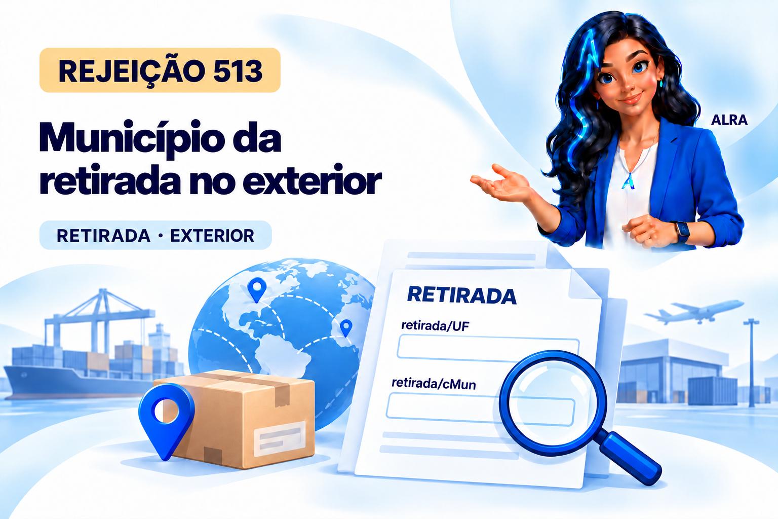 Capa ilustrada da ALRA: Rejeição 513: como corrigir o município da retirada no exterior.