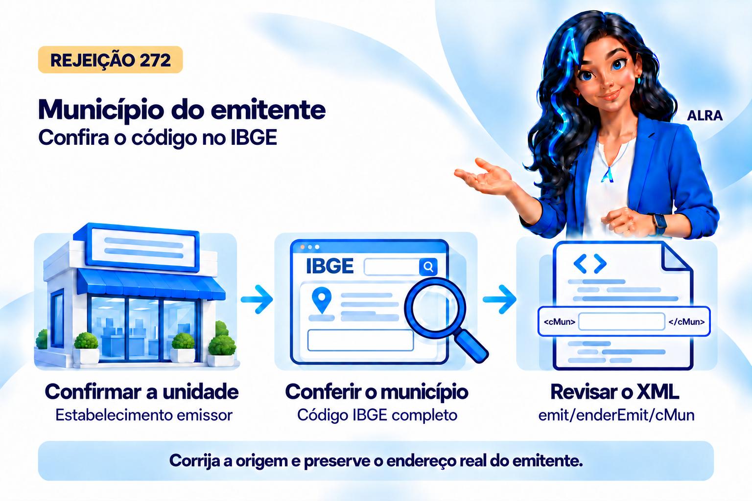 Capa ilustrada da ALRA: Rejeição 272: como corrigir o código do município do emitente.