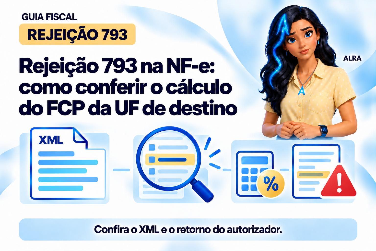 Capa ilustrada da ALRA: Rejeição 793 na NF-e: como conferir o cálculo do FCP da UF de destino.
