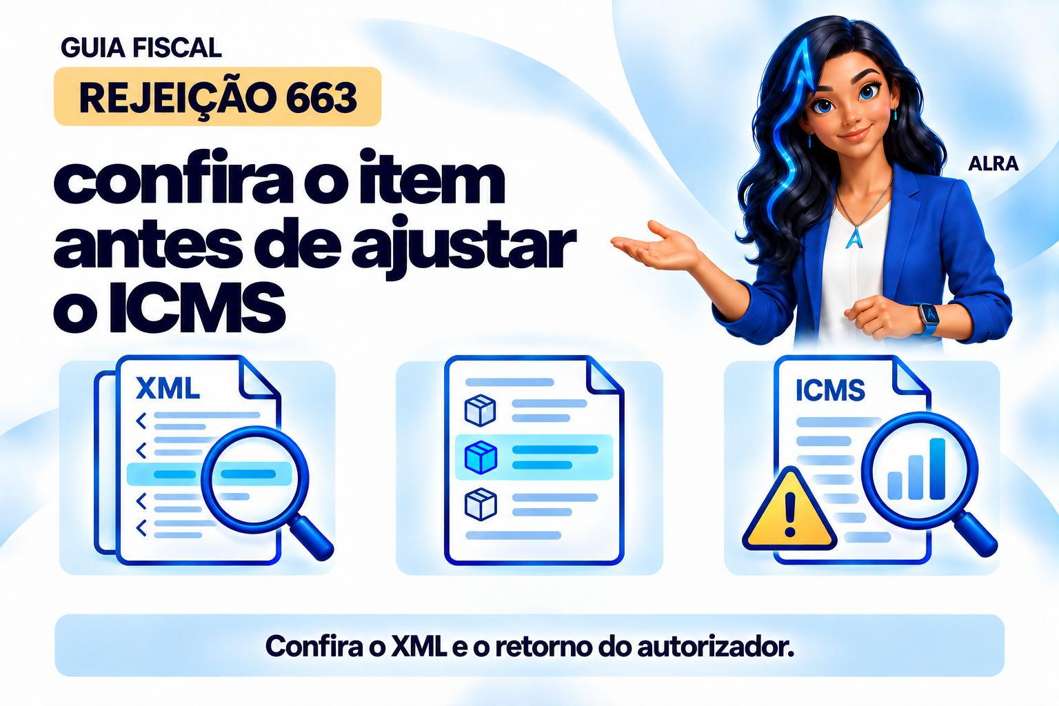 Capa ilustrada da ALRA: Rejeição 663: confira o item antes de ajustar o ICMS.