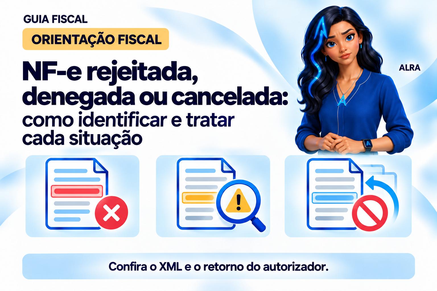 Capa ilustrada da ALRA: NF-e rejeitada, denegada ou cancelada: como identificar e tratar cada situação.