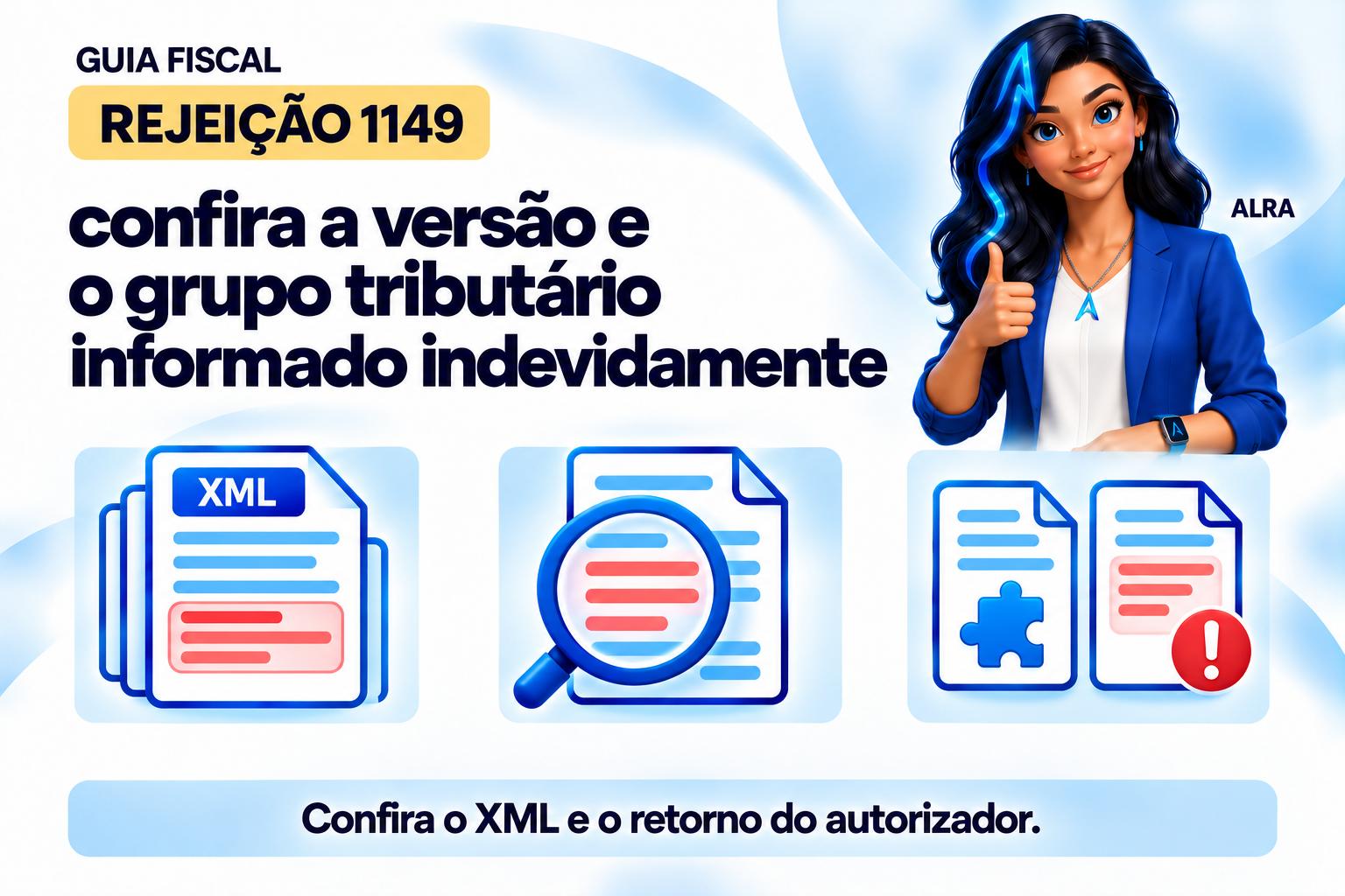 Capa ilustrada da ALRA: Rejeição 1149: confira a versão e o grupo tributário informado indevidamente.