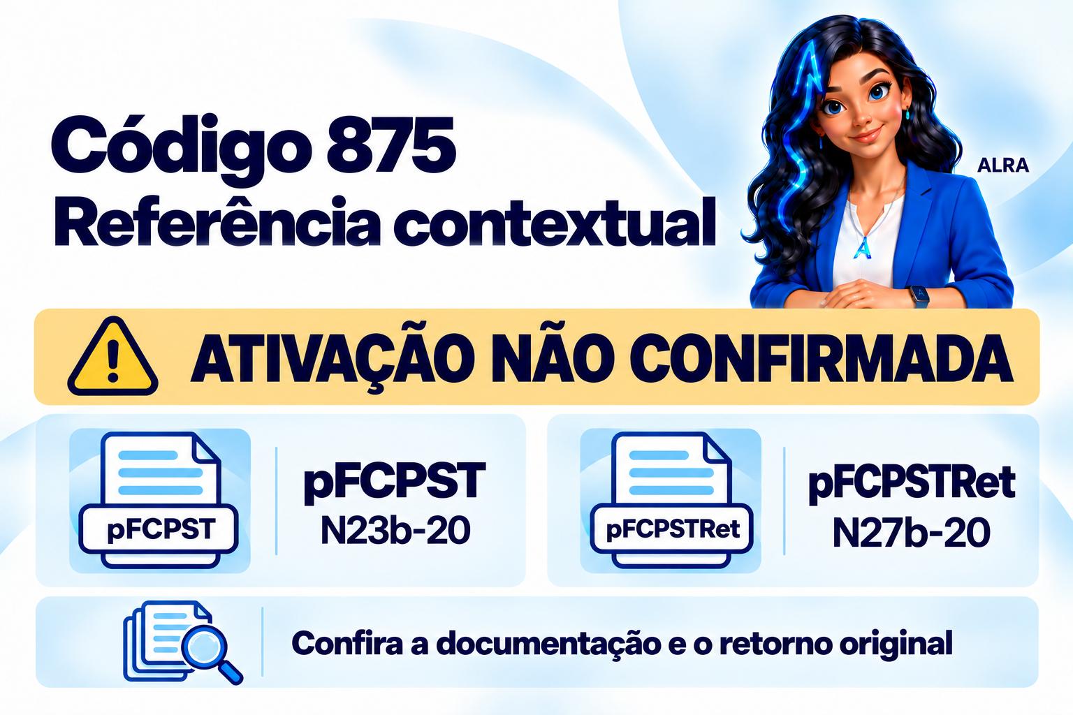 Capa ilustrada da ALRA: Código 875 e percentual de FCPST inválido com ativação operacional não confirmada.