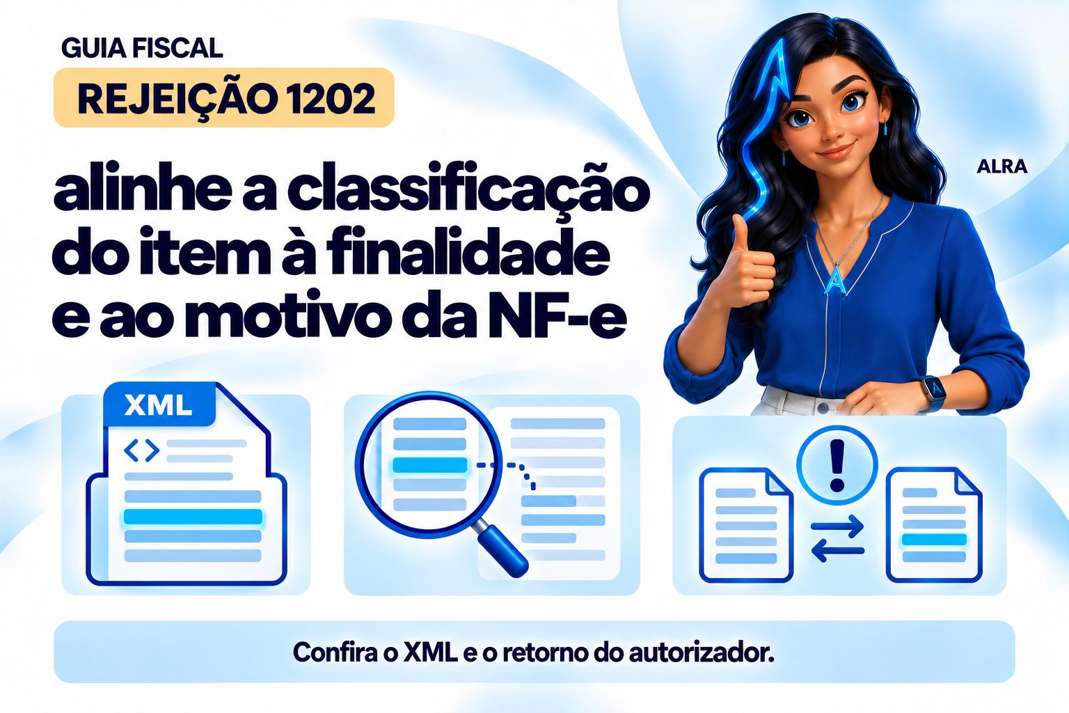 Capa ilustrada da ALRA: Rejeição 1202: alinhe a classificação do item à finalidade e ao motivo da NF-e.