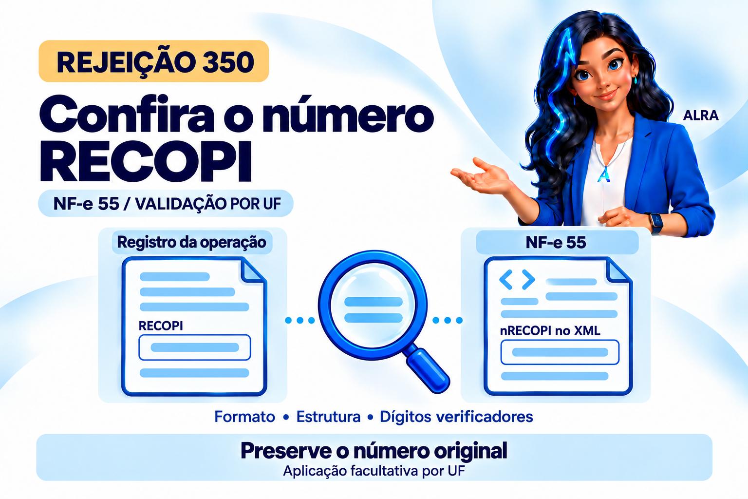 Capa ilustrada da ALRA: Rejeição 350: como conferir o número RECOPI inválido na NF-e.