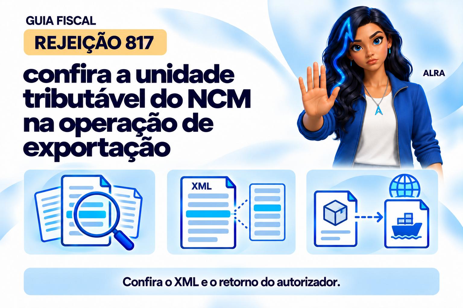 Capa ilustrada da ALRA: Rejeição 817: confira a unidade tributável do NCM na operação de exportação.