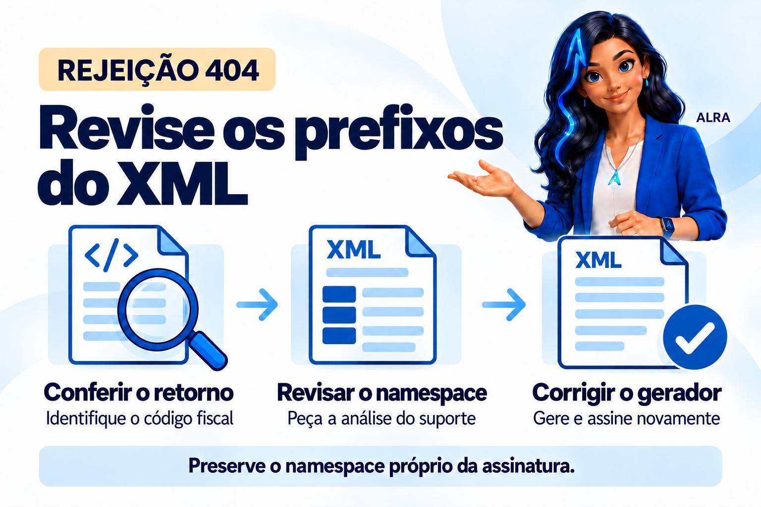 Capa ilustrada da ALRA: Rejeição 404: como corrigir o uso de prefixo de namespace no XML.