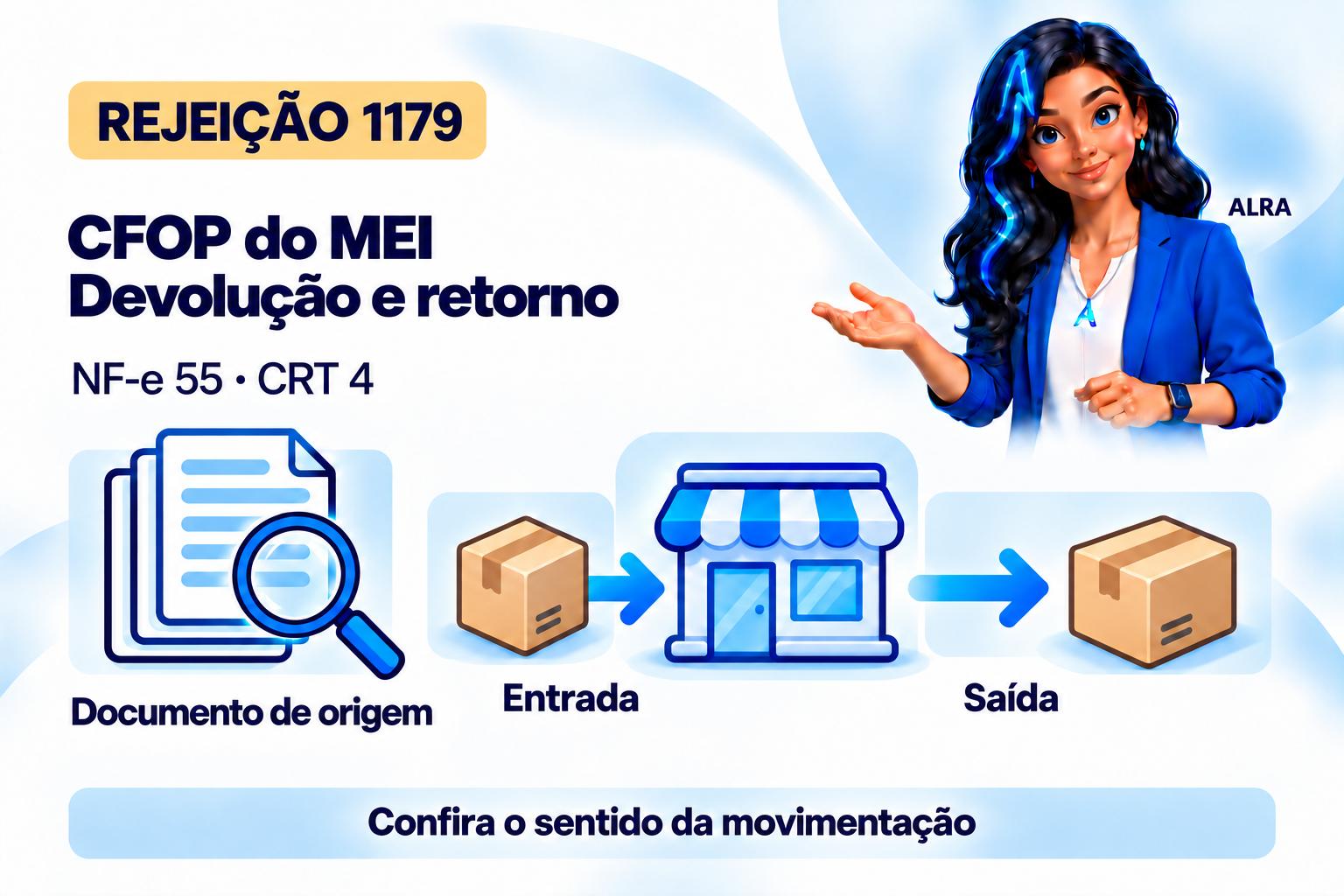 Capa ilustrada da ALRA: Rejeição 1179: CFOP na devolução ou retorno emitido por MEI.