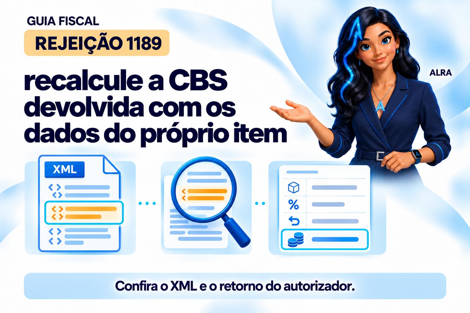 Capa ilustrada da ALRA: Rejeição 1189: recalcule a CBS devolvida com os dados do próprio item.