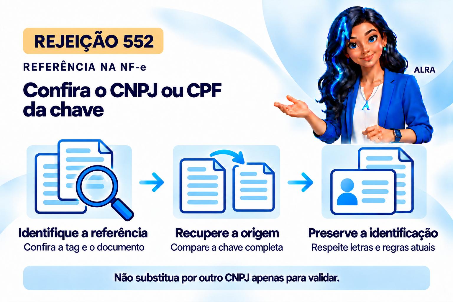 Capa ilustrada da ALRA: Rejeição 552: CNPJ ou CPF inválido na chave referenciada.