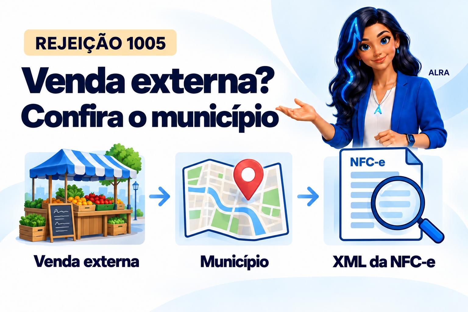 Capa ilustrada da ALRA: Rejeição 1005 na NFC-e: confira o município da venda fora do estabelecimento.
