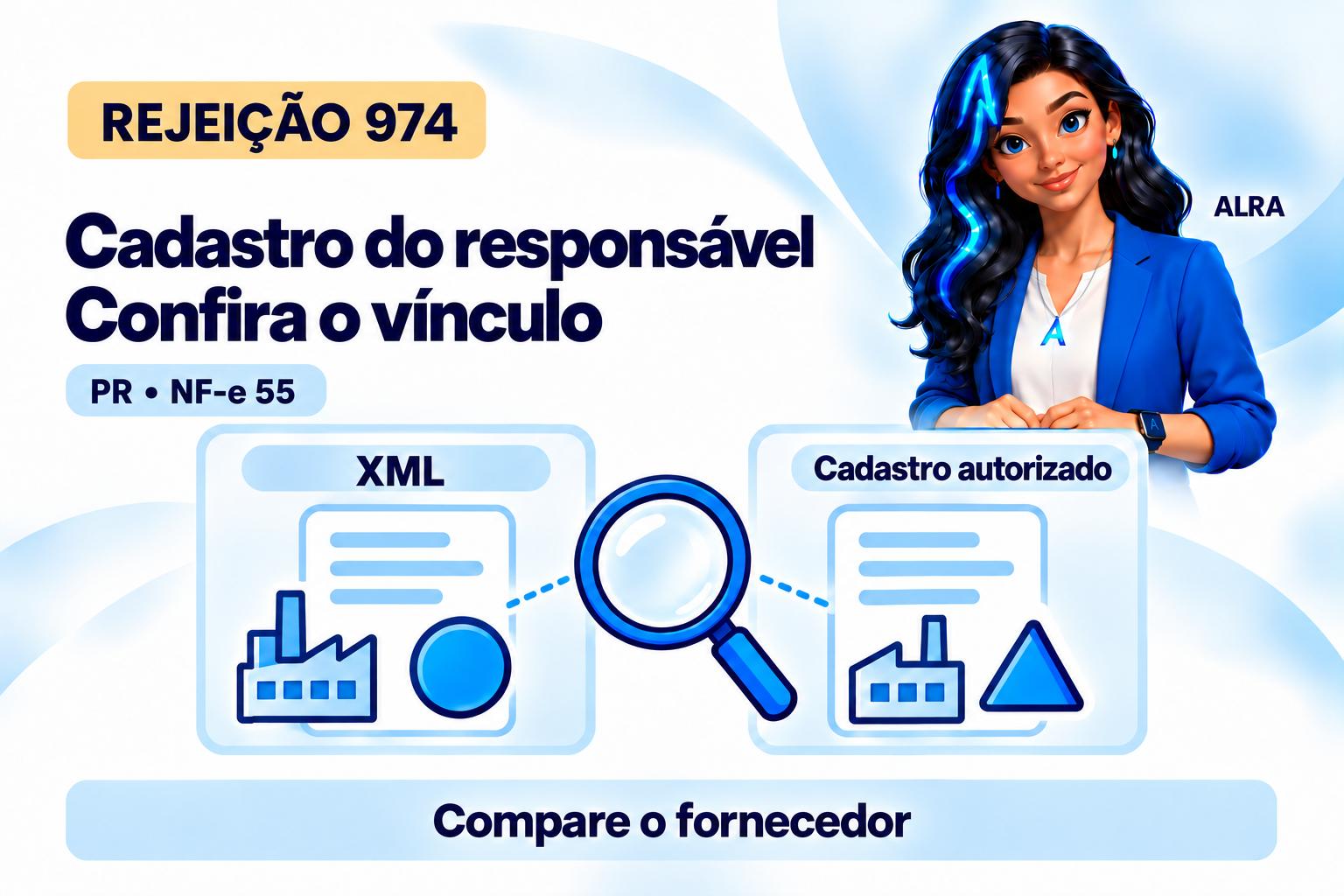 Capa ilustrada da ALRA: Rejeição 974: como corrigir a divergência do responsável técnico.