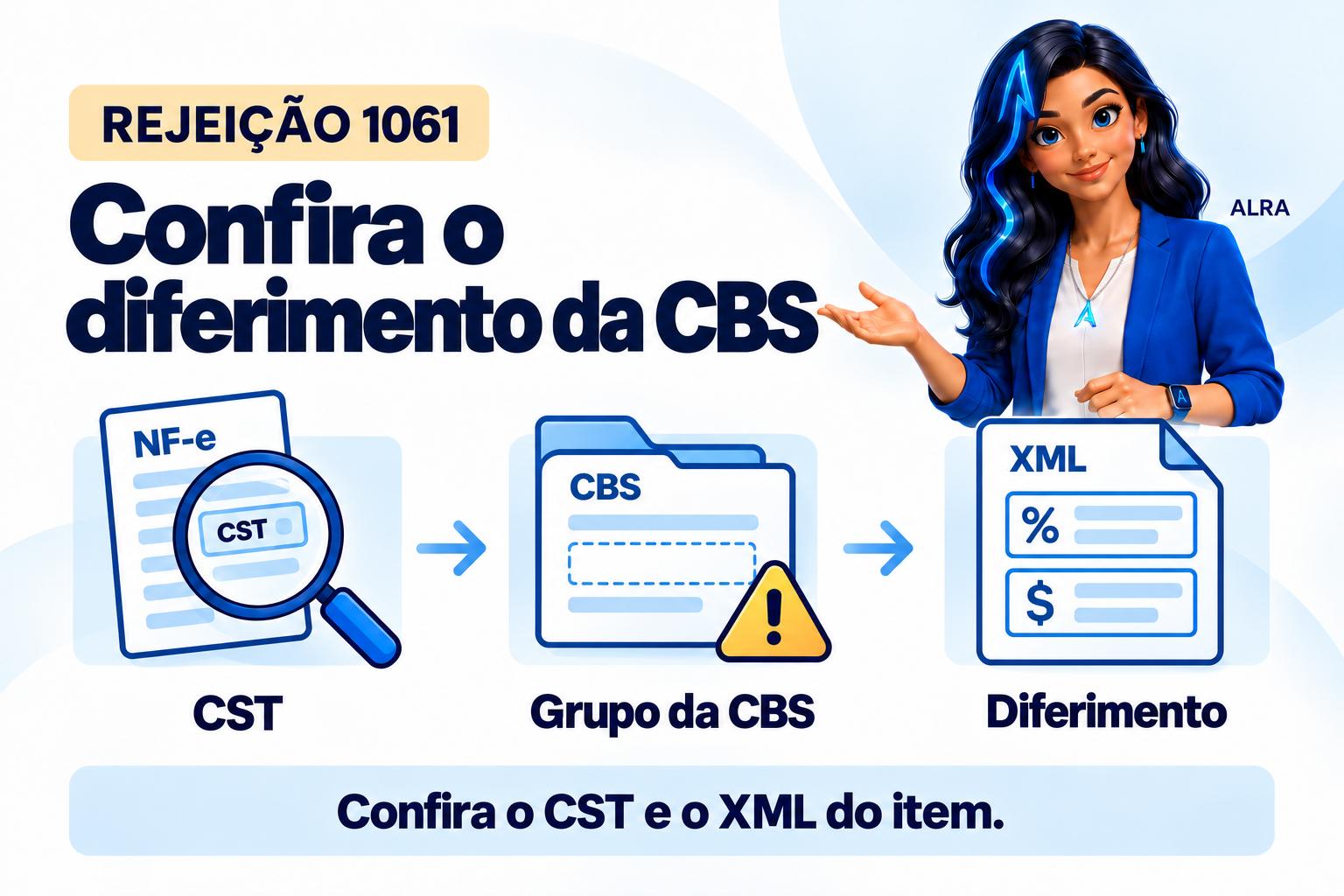 Capa ilustrada da ALRA: Rejeição 1061: confira o CST e o grupo de diferimento da CBS.