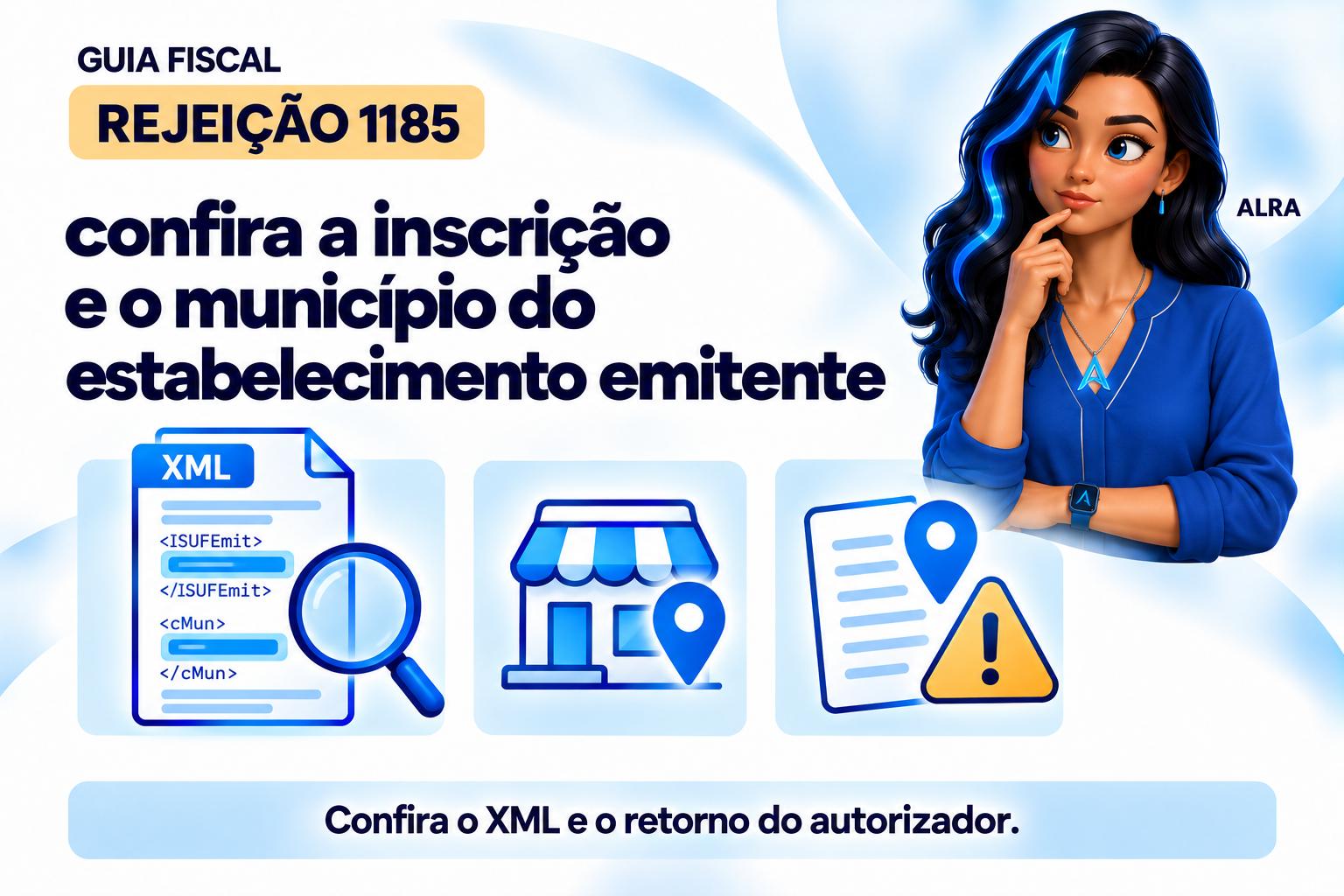 Capa ilustrada da ALRA: Rejeição 1185: confira a inscrição e o município do estabelecimento emitente.