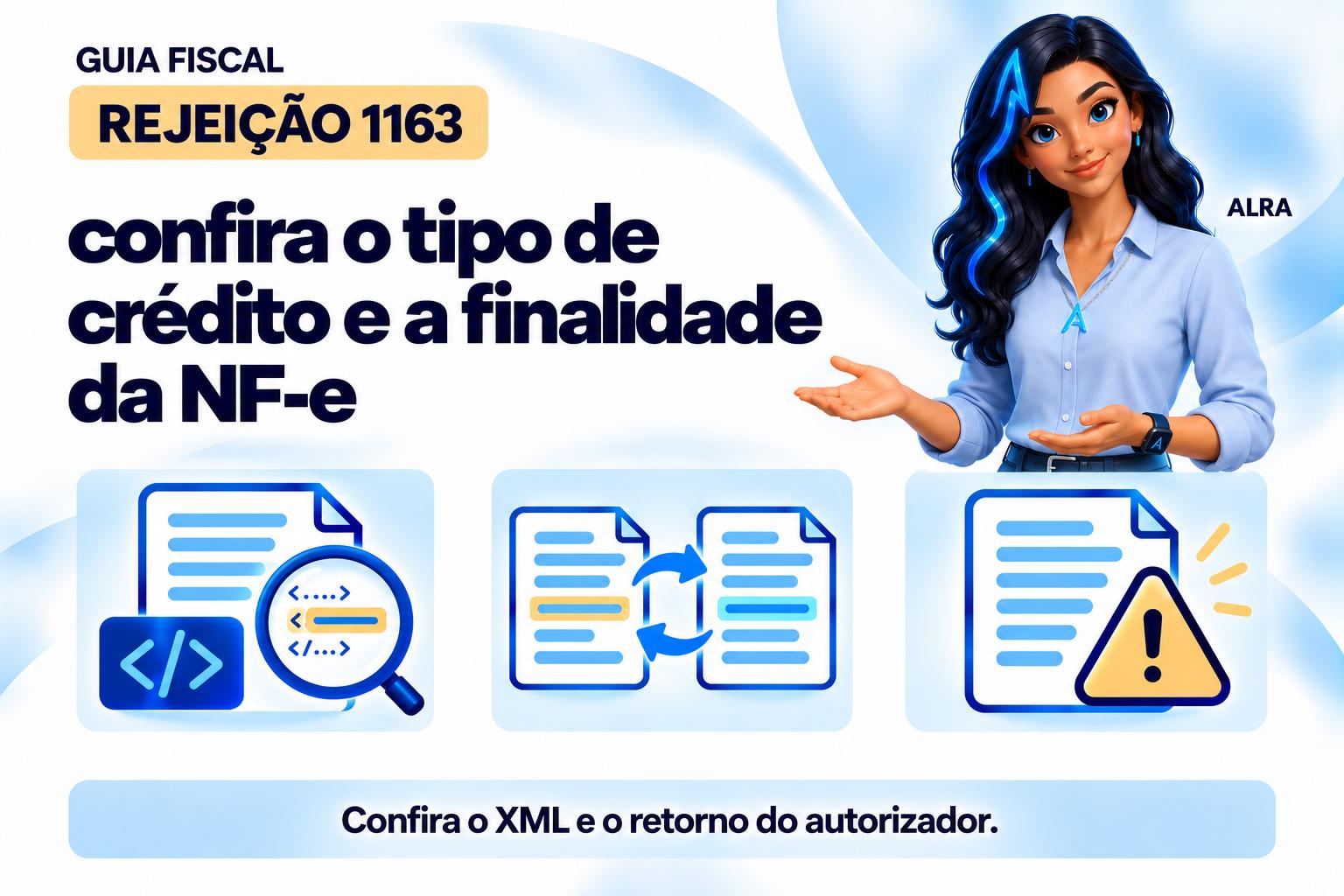 Capa ilustrada da ALRA: Rejeição 1163: confira o tipo de crédito e a finalidade da NF-e.