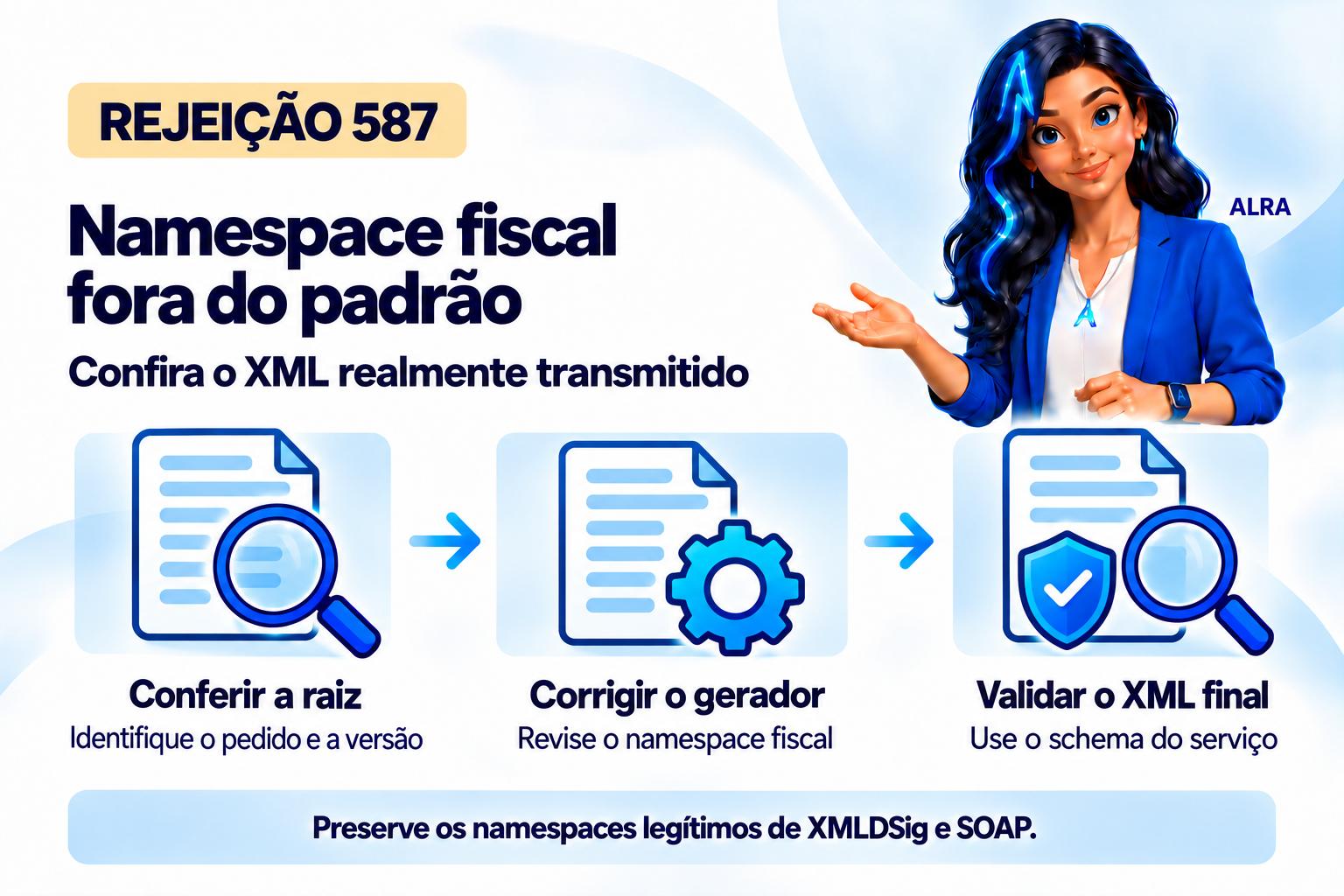 Capa ilustrada da ALRA: Rejeição 587: como corrigir o namespace do XML da NF-e ou NFC-e.
