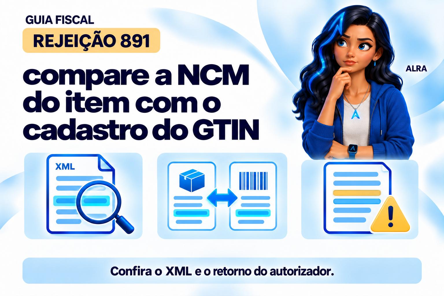 Capa ilustrada da ALRA: Rejeição 891: compare a NCM do item com o cadastro do GTIN.