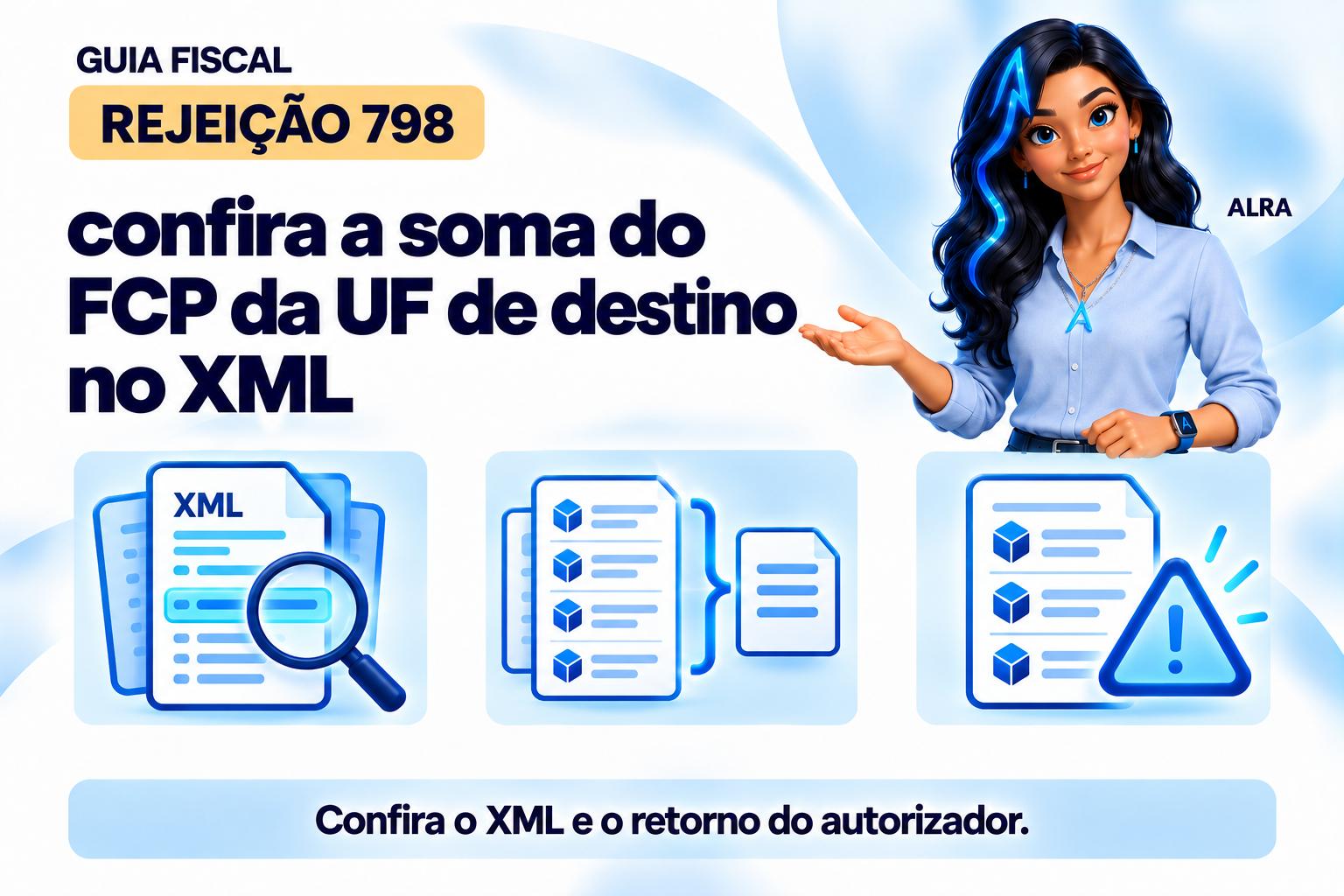 Capa ilustrada da ALRA: Rejeição 798: confira a soma do FCP da UF de destino no XML.