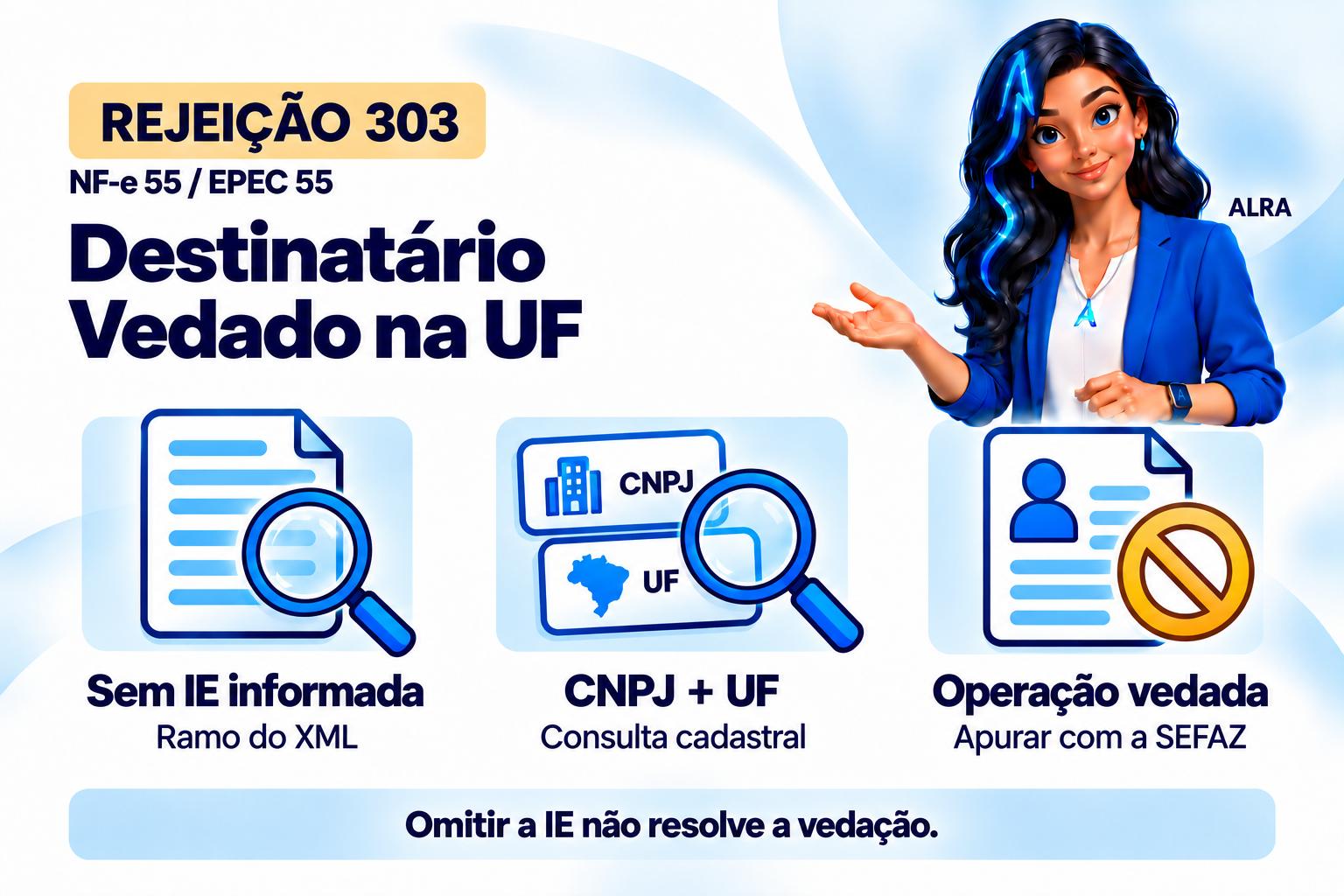 Capa ilustrada da ALRA: Rejeição 303 da NF-e e destinatário não habilitado a operar na UF.