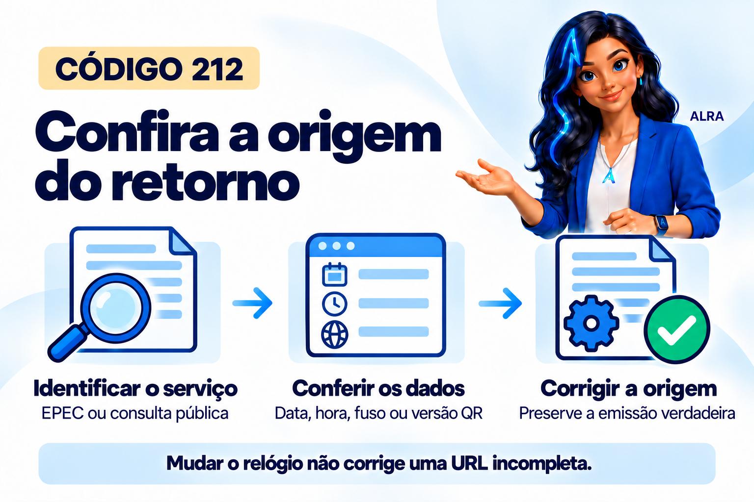 Capa ilustrada da ALRA: Código 212: data de emissão futura no EPEC ou versão ausente no QR Code.