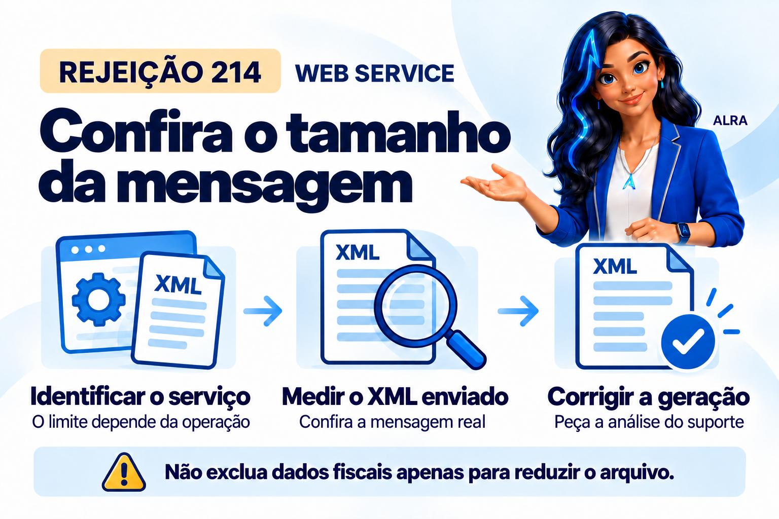 Capa ilustrada da ALRA: Rejeição 214: como reduzir o tamanho da mensagem enviada à SEFAZ.