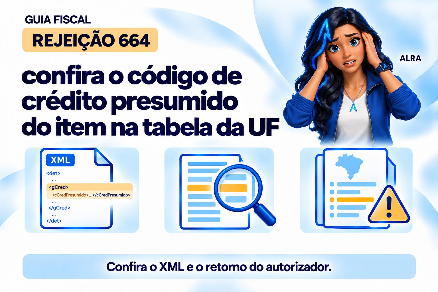 Capa ilustrada da ALRA: Rejeição 664: confira o código de crédito presumido do item na tabela da UF.
