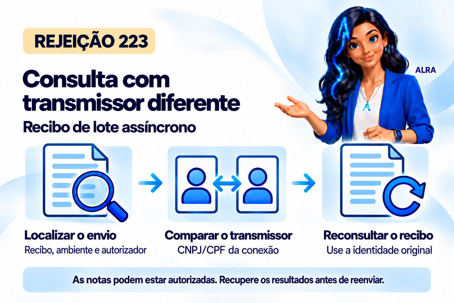Capa ilustrada da ALRA: Rejeição 223: como recuperar a consulta de um lote com o transmissor correto.