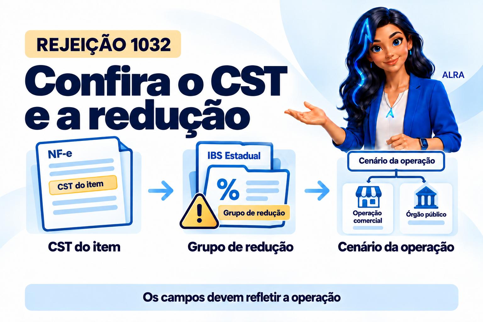 Capa ilustrada da ALRA: Rejeição 1032: redução de alíquota estadual incompatível com o CST.