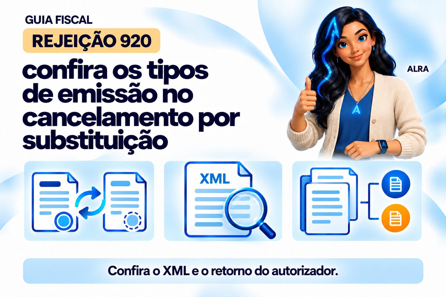 Capa ilustrada da ALRA: Rejeição 920: confira os tipos de emissão no cancelamento por substituição.