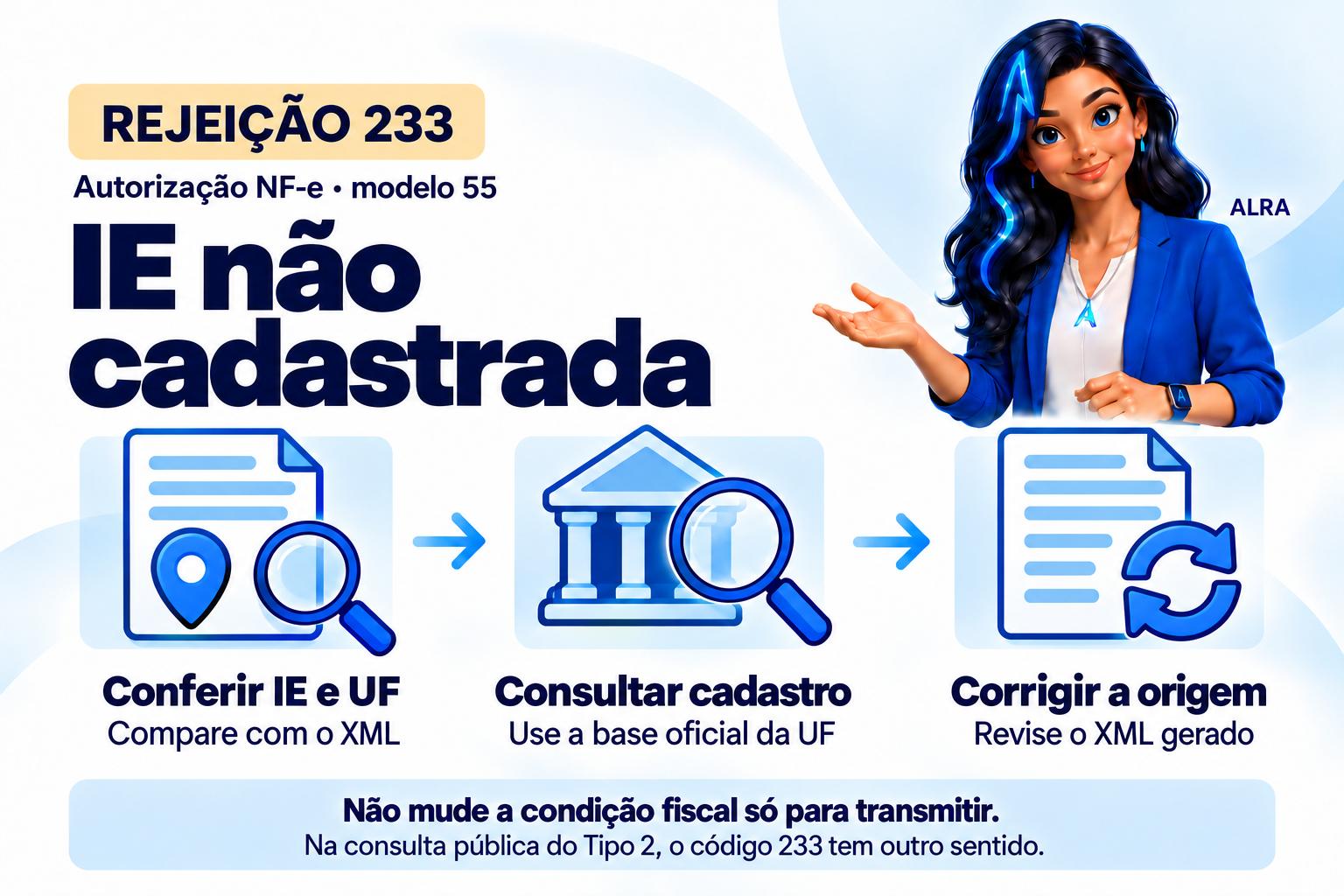 Capa ilustrada da ALRA: Rejeição 233 da NF-e e IE do destinatário não cadastrada.
