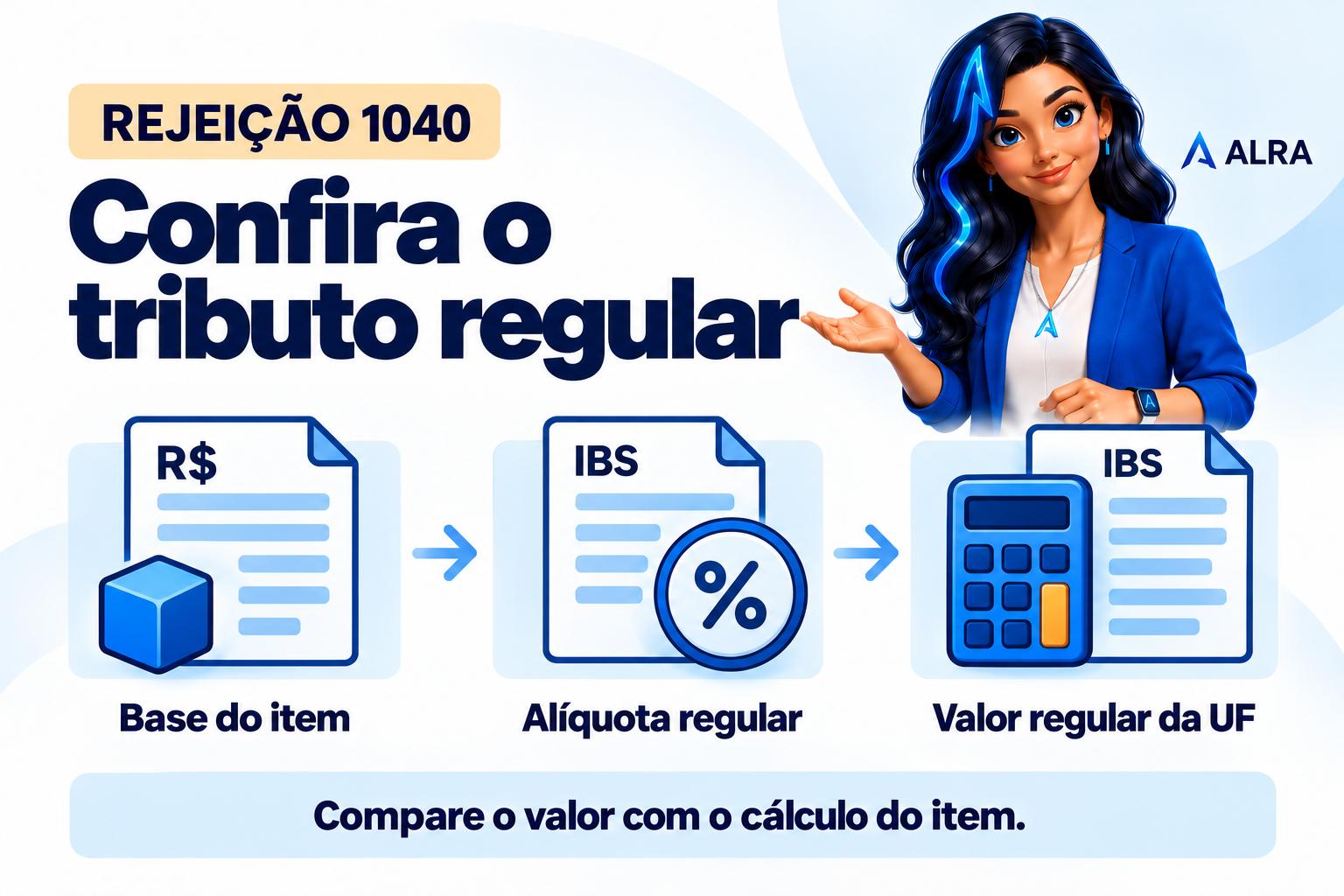 Capa ilustrada da ALRA: Rejeição 1040: confira o cálculo do IBS estadual na tributação regular.
