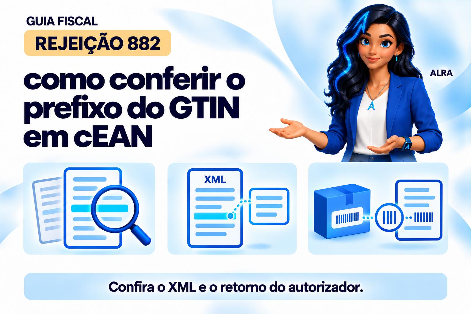 Capa ilustrada da ALRA: Rejeição 882: como conferir o prefixo do GTIN em cEAN.