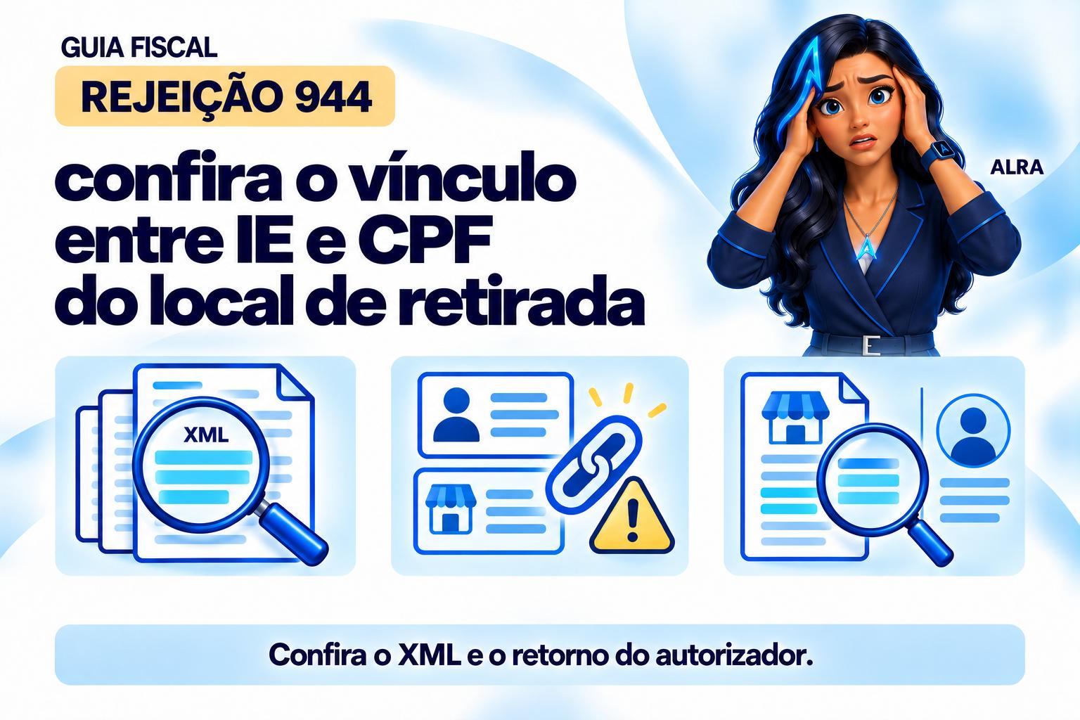 Capa ilustrada da ALRA: Rejeição 944: confira o vínculo entre IE e CPF do local de retirada.