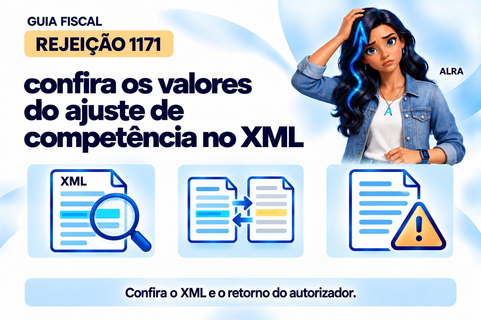 Capa ilustrada da ALRA: Rejeição 1171: confira os valores do ajuste de competência no XML.