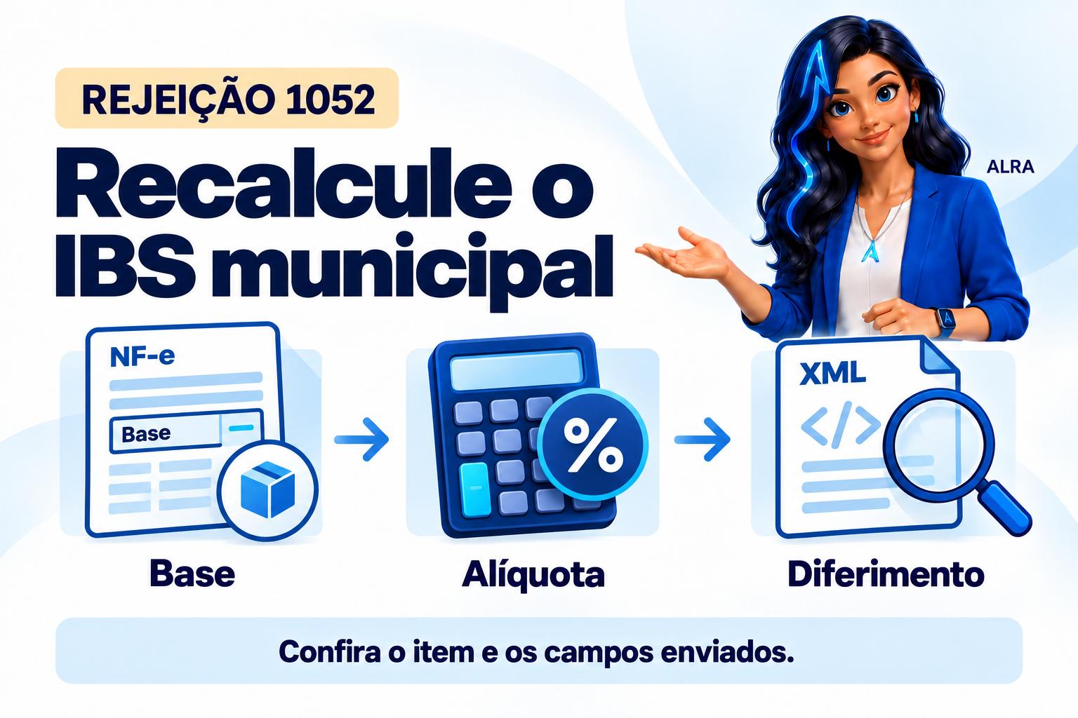 Capa ilustrada da ALRA: Rejeição 1052: reconcilie o IBS municipal com a base e as deduções do item.