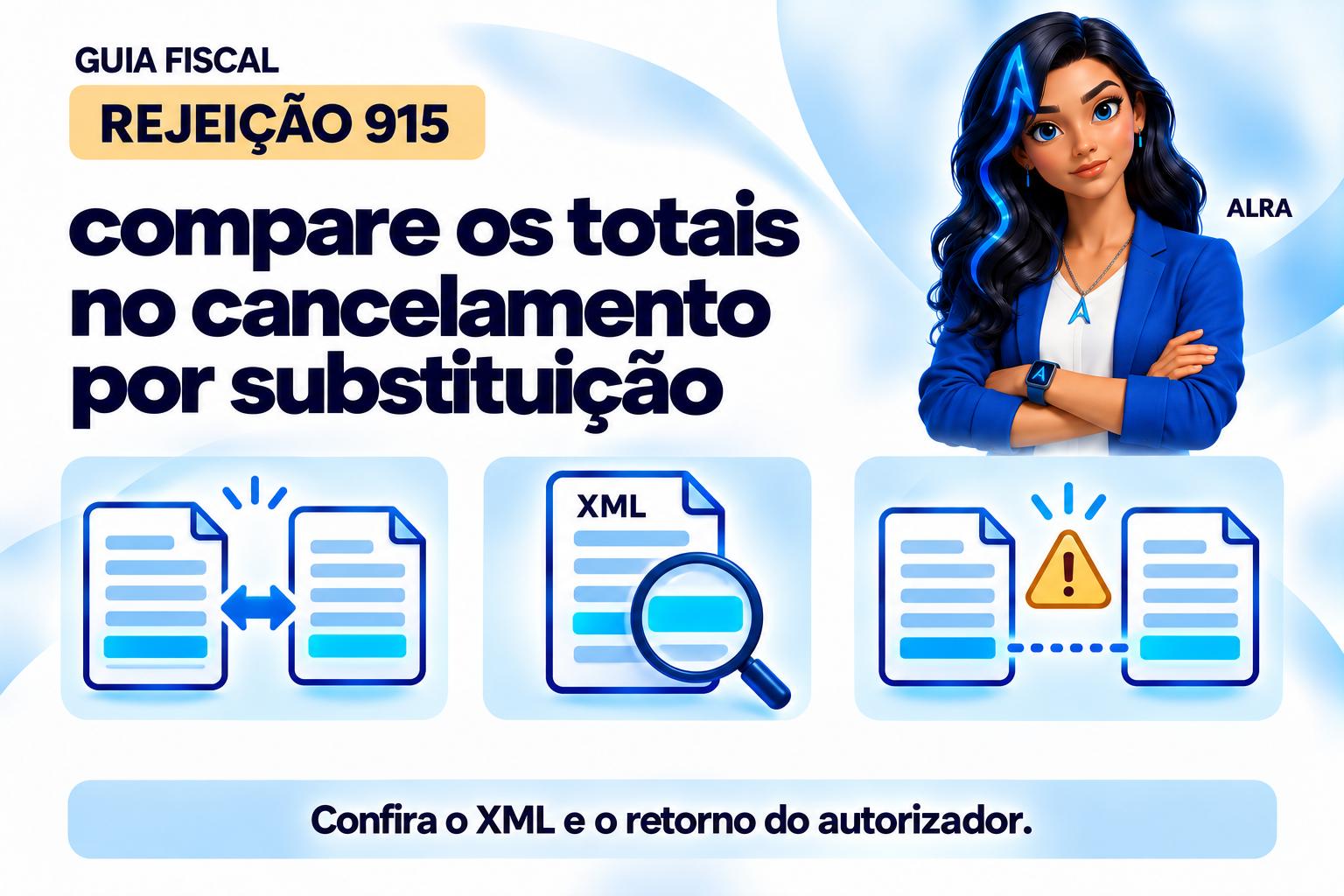 Capa ilustrada da ALRA: Rejeição 915: compare os totais no cancelamento por substituição.