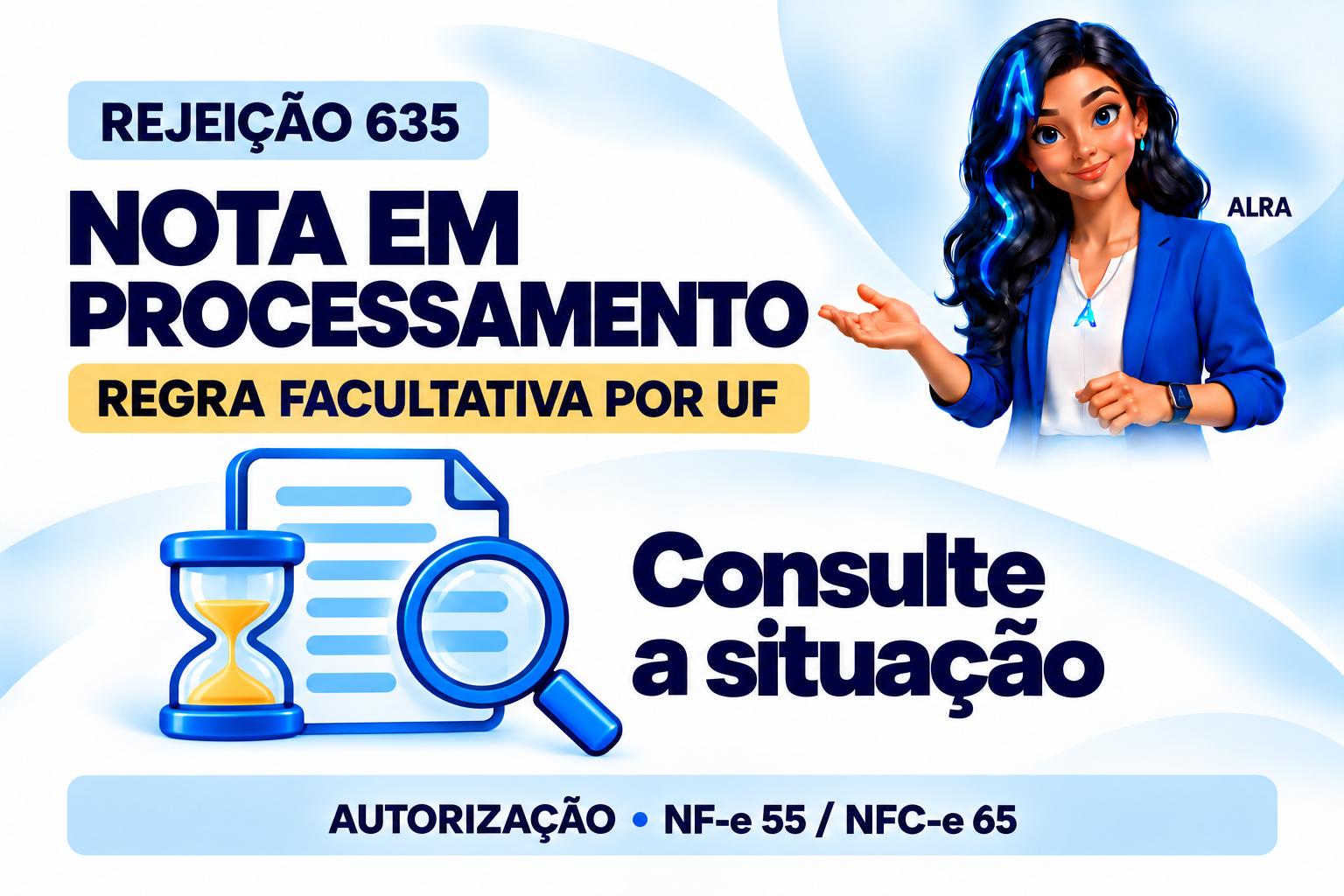 Capa ilustrada da ALRA: Rejeição 635: nota já transmitida e aguardando processamento.