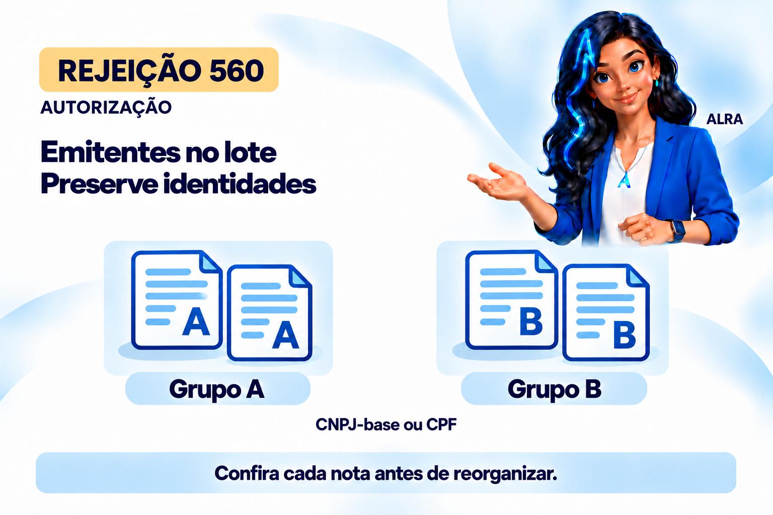 Capa ilustrada da ALRA: Rejeição 560: emitentes incompatíveis no mesmo lote.