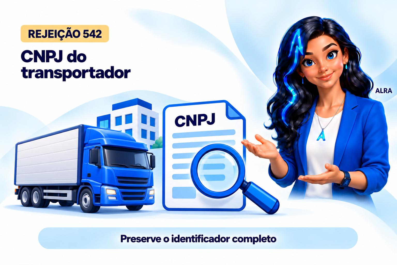 Capa ilustrada da ALRA: Rejeição 542: como corrigir o CNPJ do transportador na NF-e.