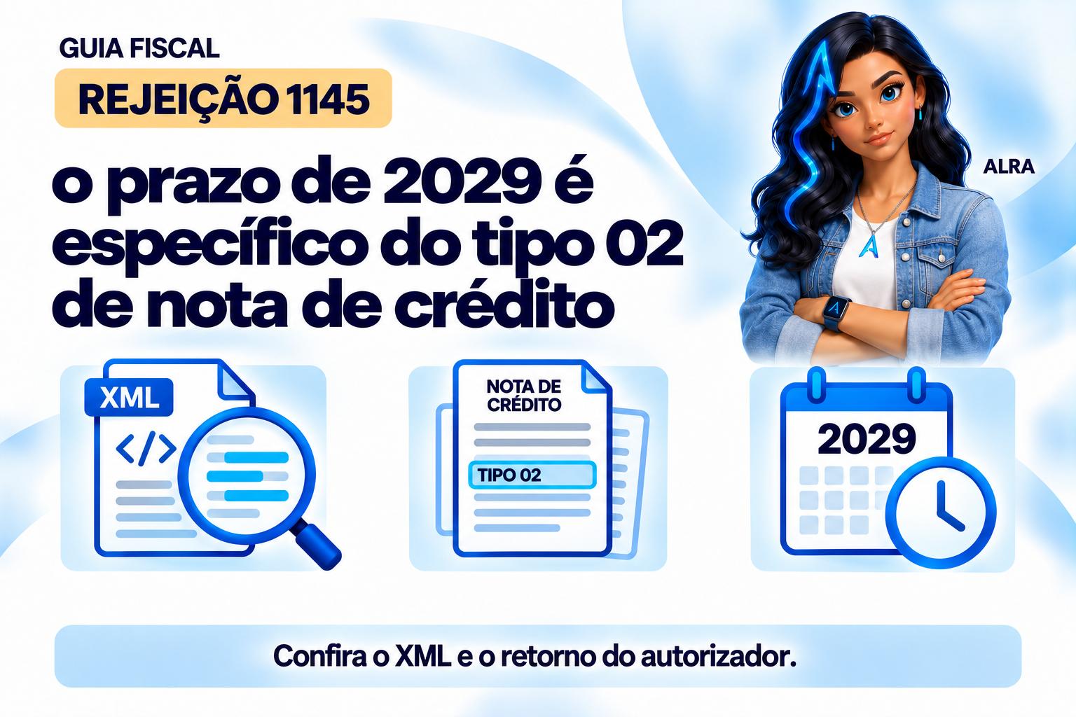 Capa ilustrada da ALRA: Rejeição 1145: o prazo de 2029 é específico do tipo 02 de nota de crédito.