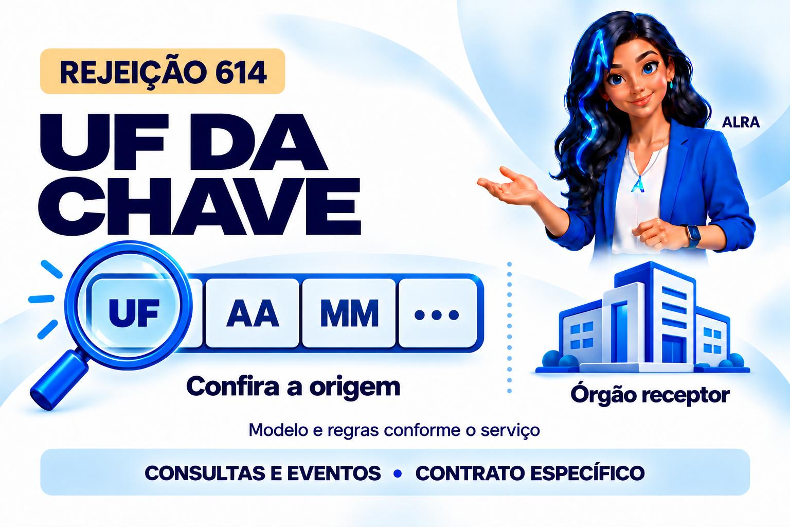 Capa ilustrada da ALRA: Rejeição 614: confira a UF dentro da chave de acesso.