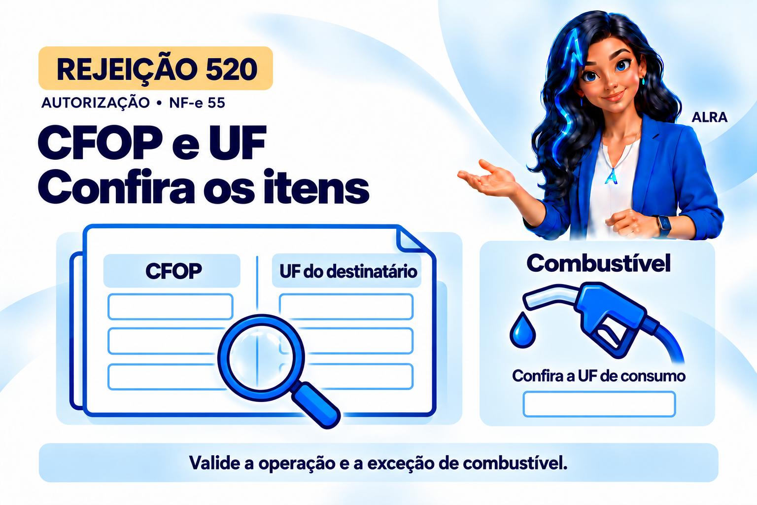 Capa ilustrada da ALRA: Rejeição 520: CFOP de exterior e UF do destinatário incompatíveis.