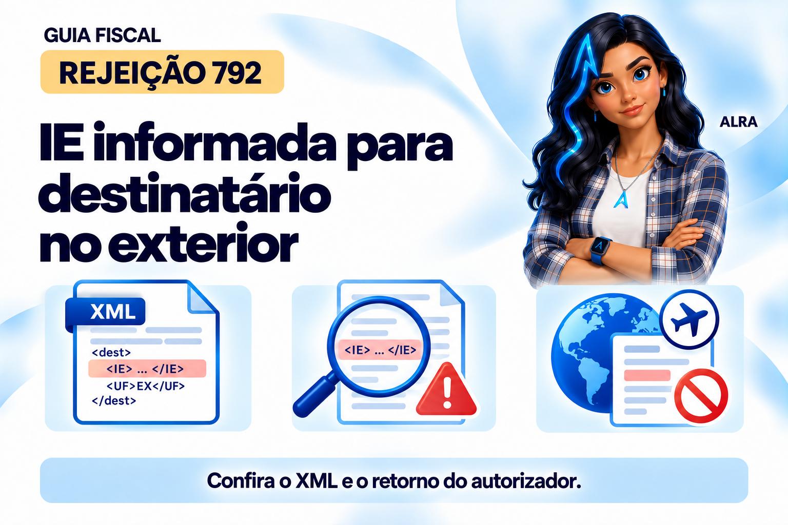 Capa ilustrada da ALRA: Rejeição 792: IE informada para destinatário no exterior.